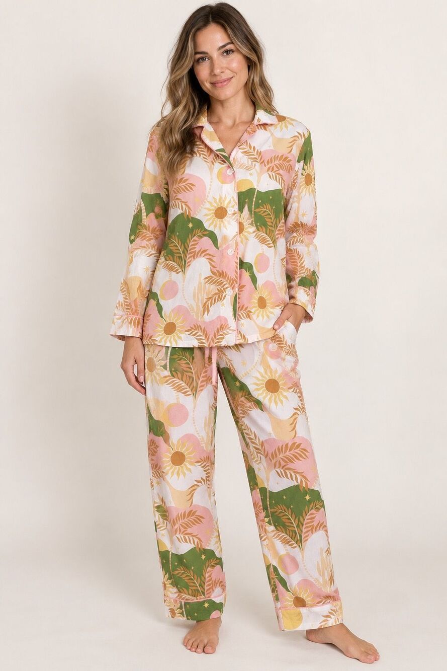 The Cat’s Pajamas Women’s Small Cotton Celestial Sun Palm Pajama Set